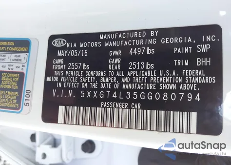 2016 Kia Optima Lx from USA, damaged, VIN 5XXGT4L35GG080794